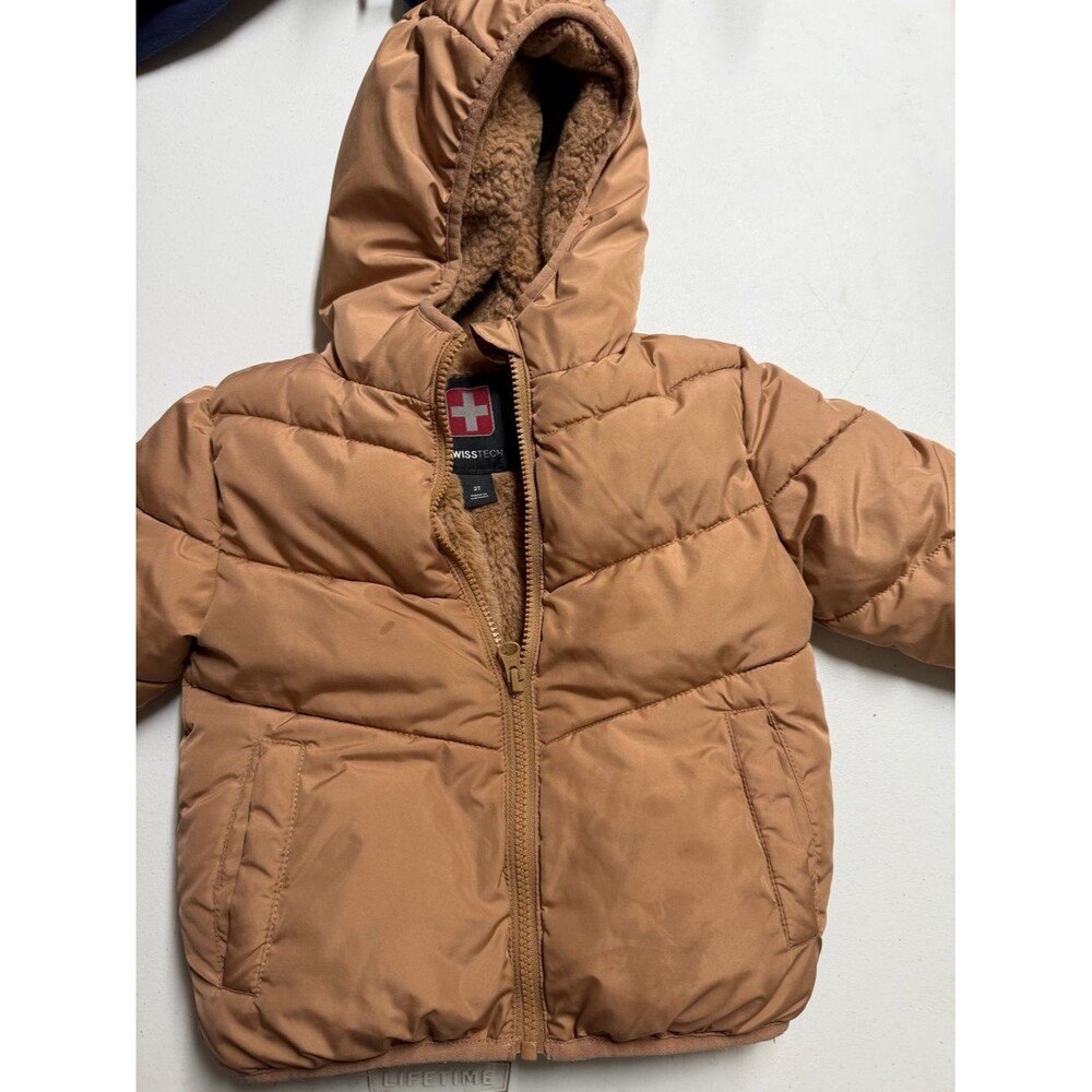 Swiss Tech Kids Tan Hooded Puffer Jacket with Sherpa Lining size 2